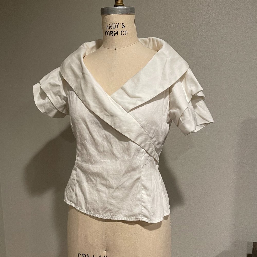 Vintage White Cotton I. Magnin Blouse with Portrait Collar Size 6